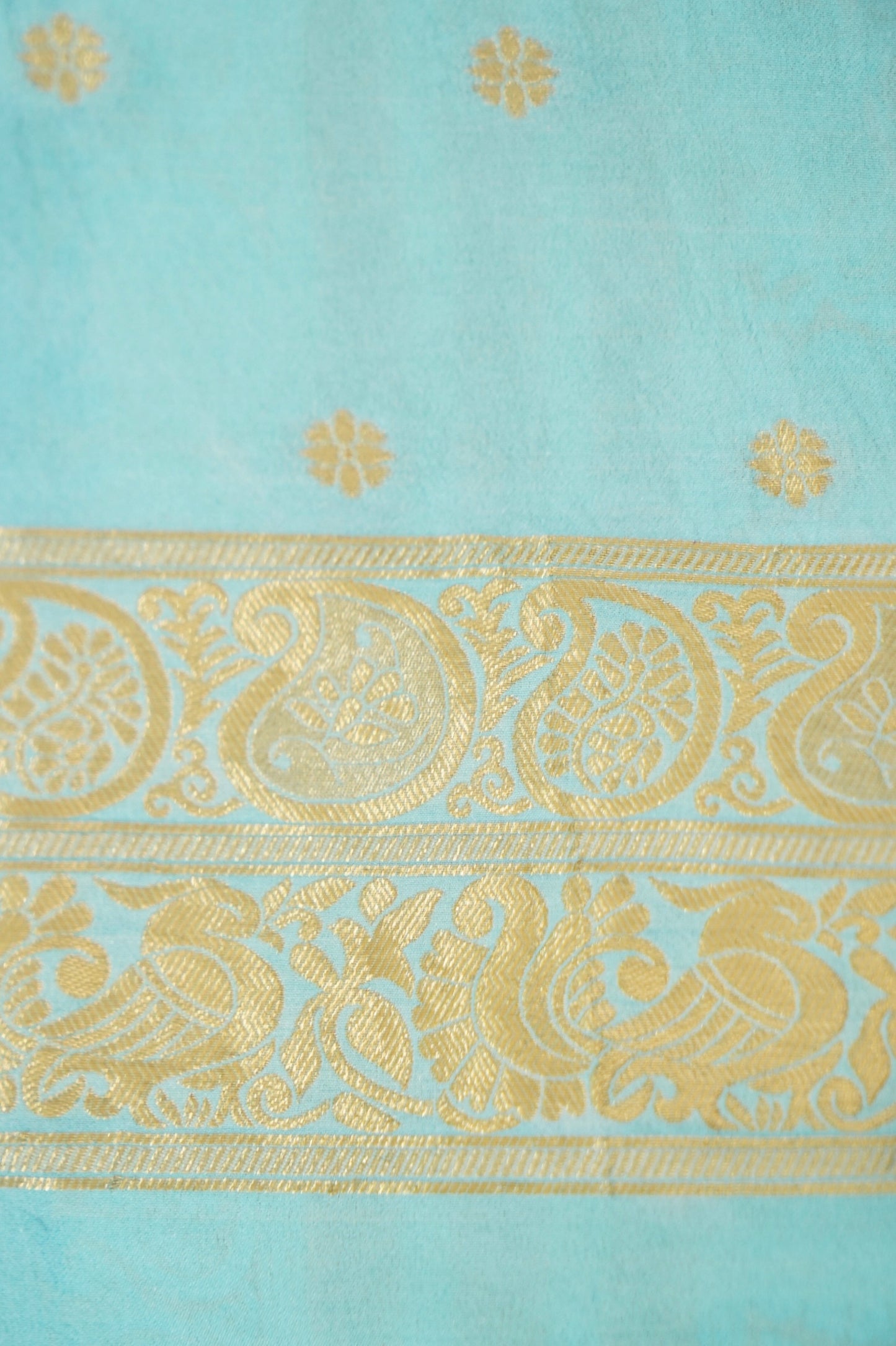Turquoise Blue Banarasi Silk Saree with Gold Zari Buti Weave & Ivory Gold Border