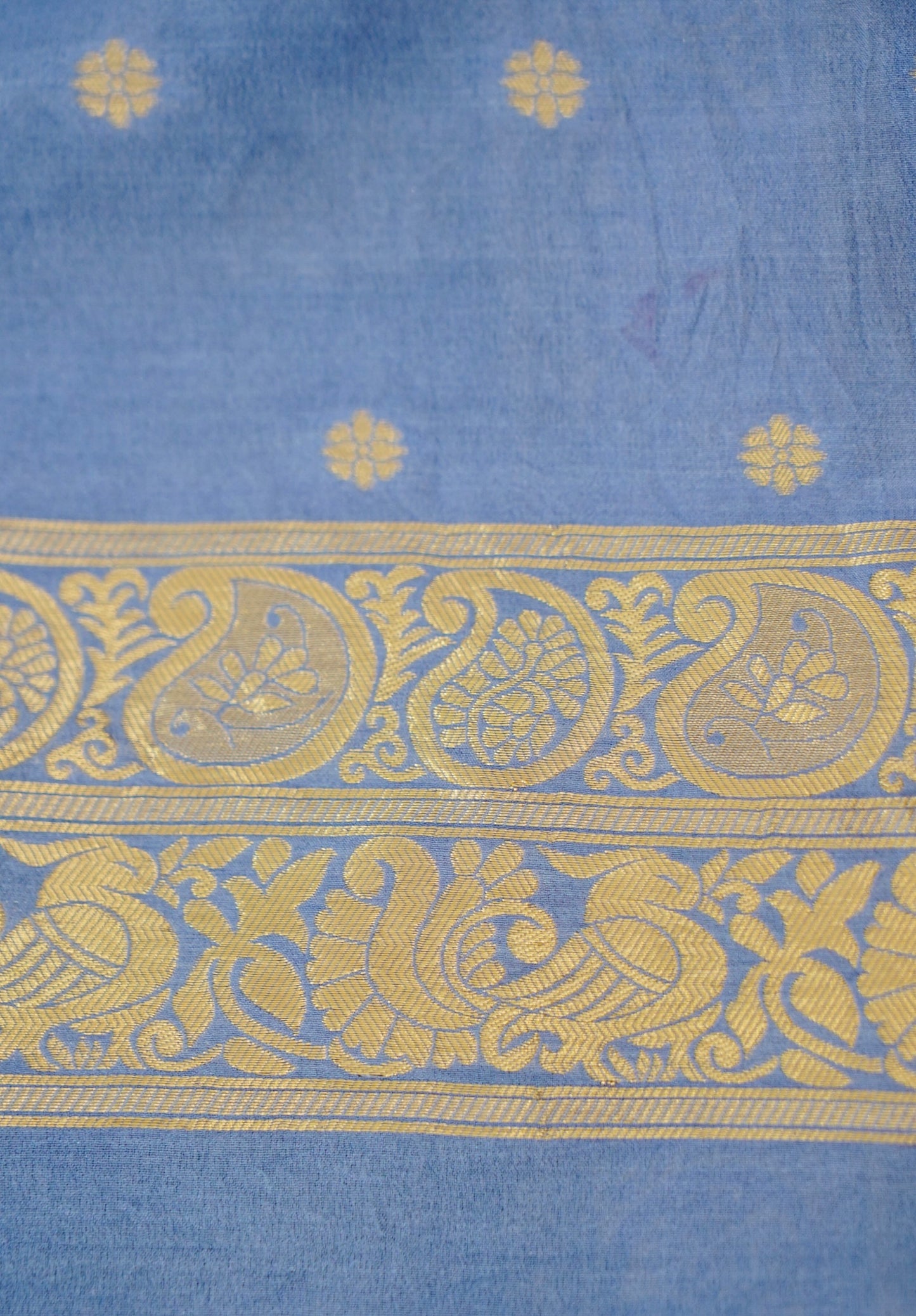 Navy Blue Banarasi Silk Saree with Gold Zari Buti Weave & Lavender Blue Border