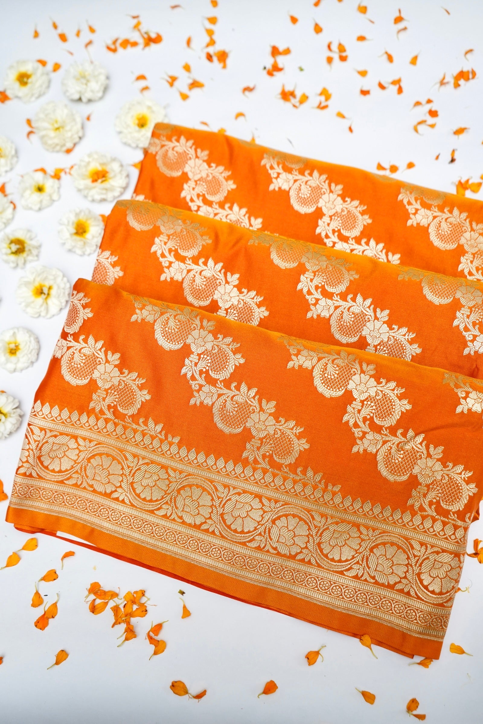 KESAR GOLDEN ORANGE BANARASI MASHRU KATAN SILK SAREE