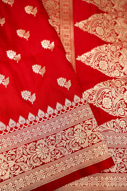 SCARLET RED BANARASI MASHRU KATAN SILK SAREE