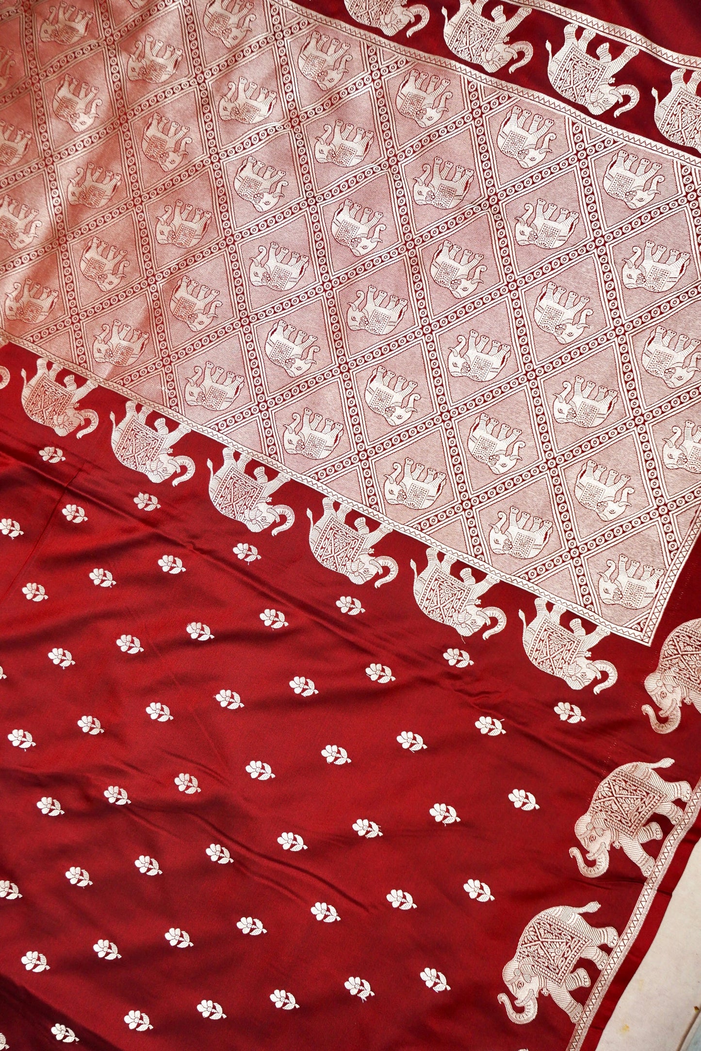 ROYAL MAROON BANARASI MASHRU KATAN SILK SAREE (ELEPHANT BORDER)