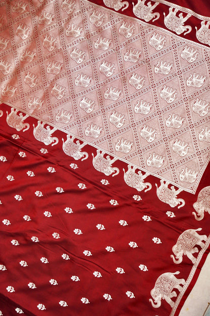 ROYAL MAROON BANARASI MASHRU KATAN SILK SAREE (ELEPHANT BORDER)