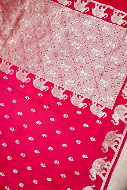 RANI PINK BANARASI MASHRU KATAN SILK SAREE (ELEPHANT BORDER)