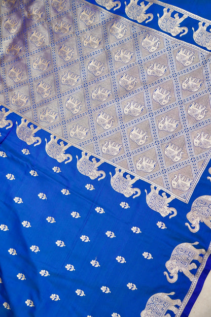 ROYAL BLUE BANARASI MASHRU KATAN SILK SAREE (ELEPHANT BORDER)