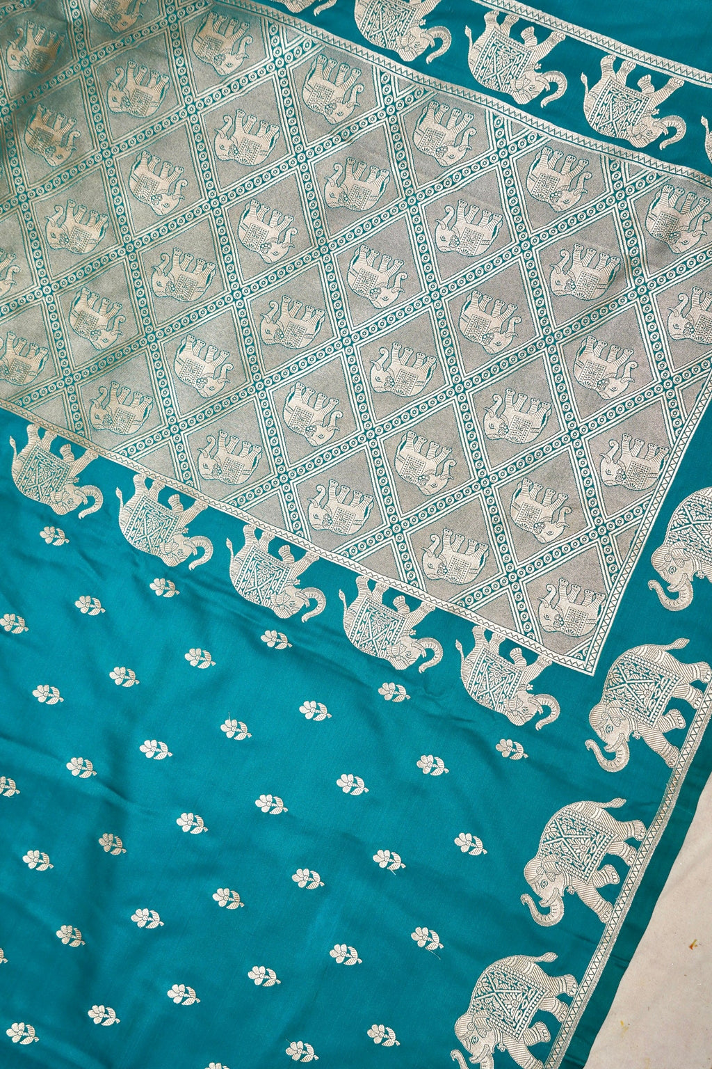 TEAL GREEN BANARASI MASHRU KATAN SILK SAREE (ELEPHANT BORDER)