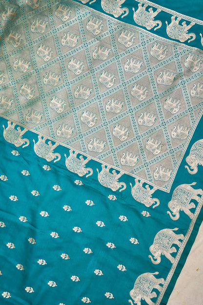 TEAL GREEN BANARASI MASHRU KATAN SILK SAREE (ELEPHANT BORDER)