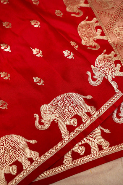 CLASSIC RED BANARASI MASHRU KATAN SILK SAREE (ELEPHANT BORDER)