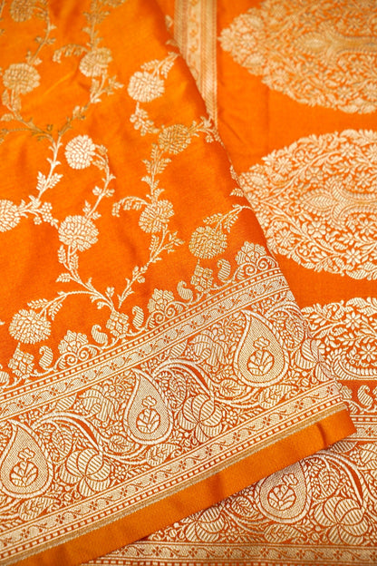 ROYAL SUNSET ORANGE BANARASI MASHRU KATAN SILK SAREE