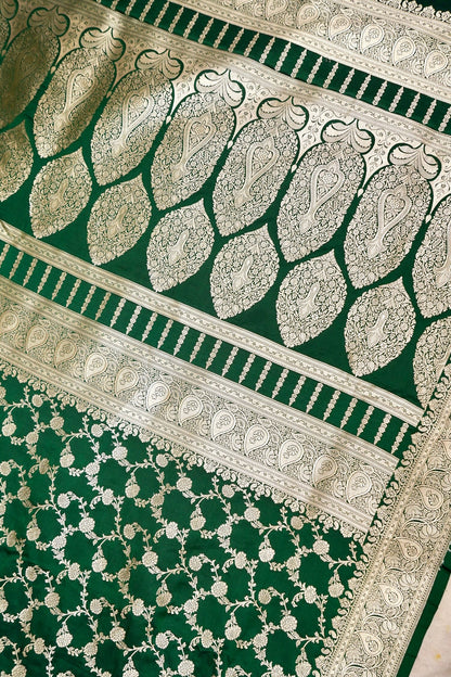 ROYAL BOTTLE GREEN BANARASI MASHRU KATAN SILK SAREE
