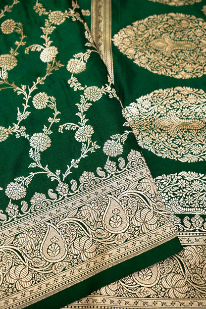 ROYAL BOTTLE GREEN BANARASI MASHRU KATAN SILK SAREE