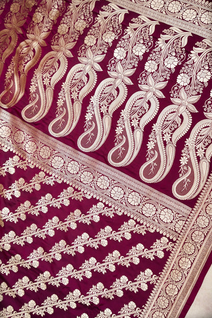 WINE MAROON BANARASI MASHRU KATAN SILK SAREE