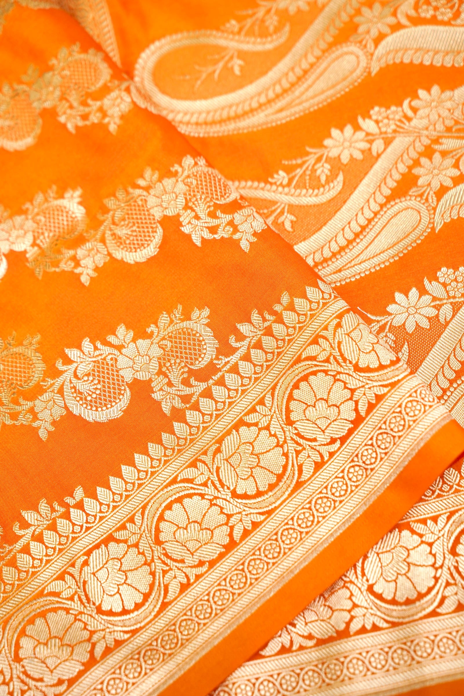 KESAR GOLDEN ORANGE BANARASI MASHRU KATAN SILK SAREE