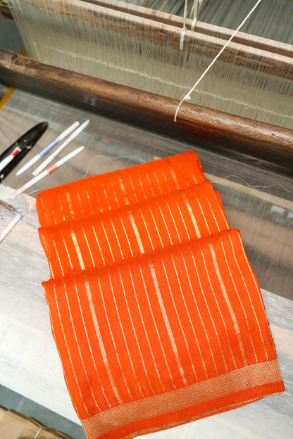 Orange Banarasi Silk Saree with Allover Stripe Weave