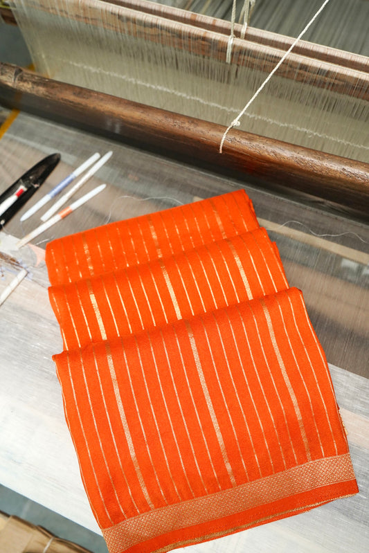Orange Banarasi Silk Saree with Allover Stripe Weave