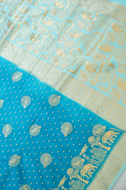 Turquoise Blue Banarasi Silk Saree with Animal Motif Weaves