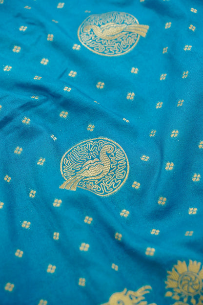 Turquoise Blue Banarasi Silk Saree with Animal Motif Weaves