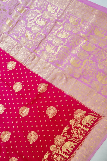 Rani Pink Banarasi Silk Saree with Animal Motif Weaves