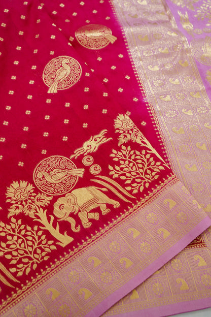 Rani Pink Banarasi Silk Saree with Animal Motif Weaves