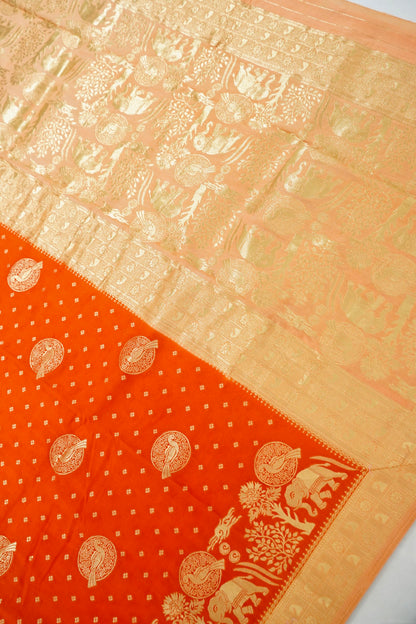 Orange Banarasi Silk Saree with Animal Motif Weaves