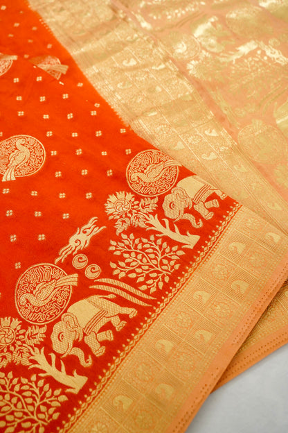 Orange Banarasi Silk Saree with Animal Motif Weaves