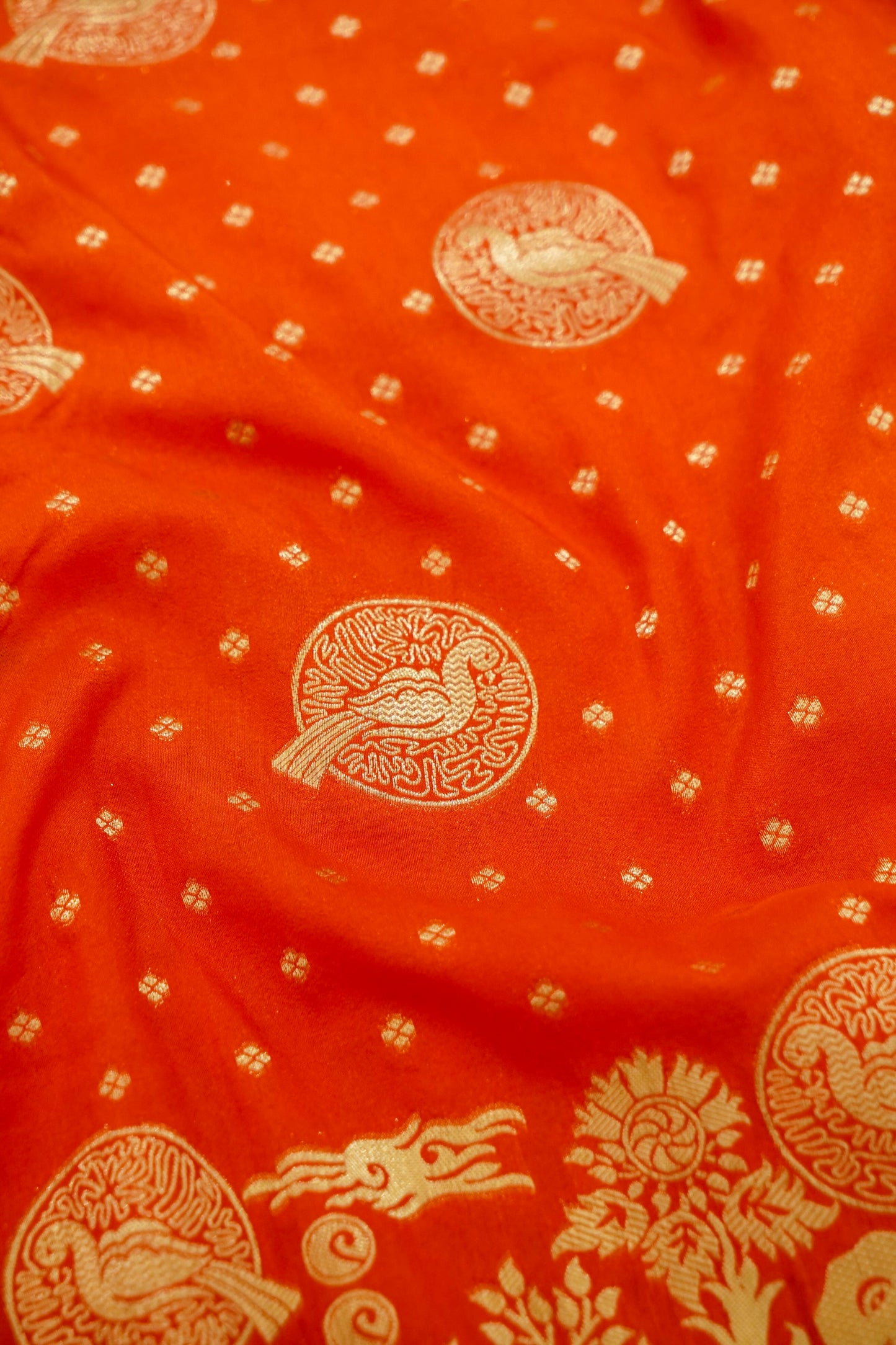 Orange Banarasi Silk Saree with Animal Motif Weaves