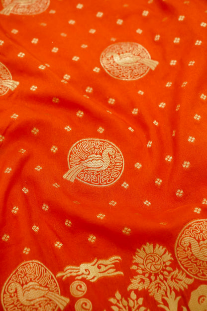 Orange Banarasi Silk Saree with Animal Motif Weaves