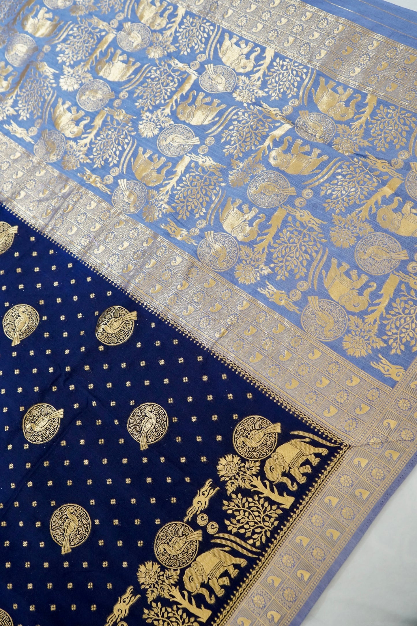 Navy Blue Banarasi Silk Saree with Animal Motif Weaves
