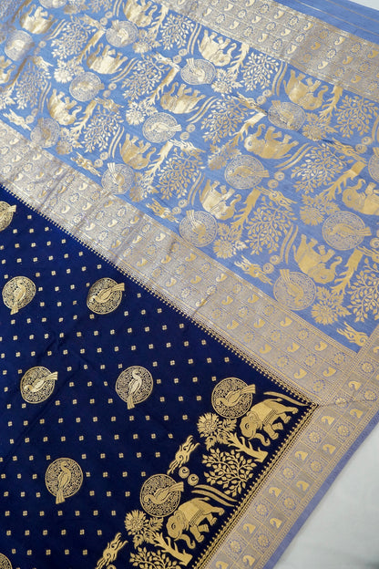 Navy Blue Banarasi Silk Saree with Animal Motif Weaves