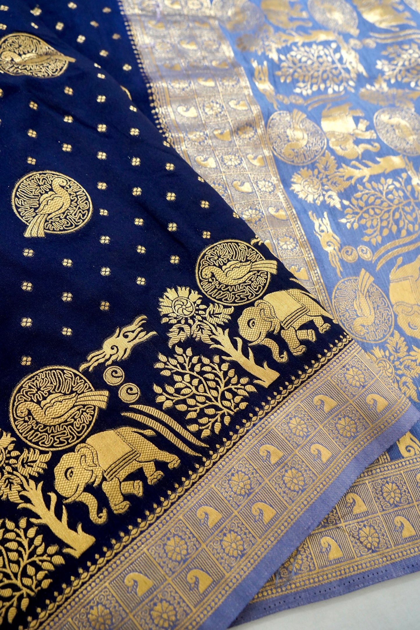 Navy Blue Banarasi Silk Saree with Animal Motif Weaves