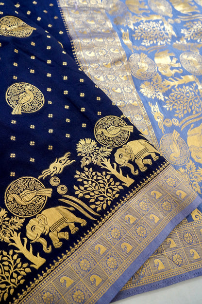 Navy Blue Banarasi Silk Saree with Animal Motif Weaves