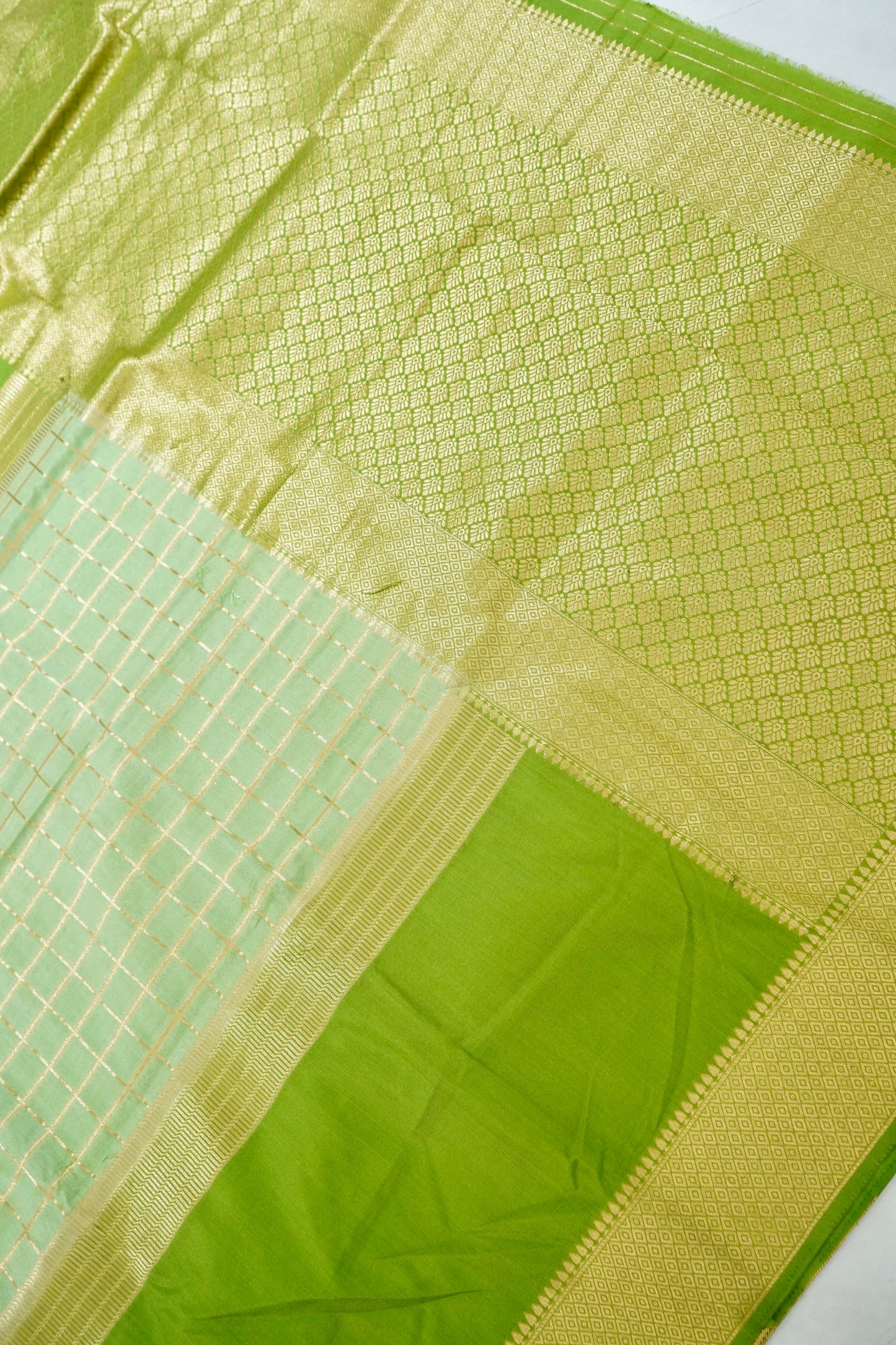 Lime Green Banarasi Silk Saree with Golden Zari Check Weave