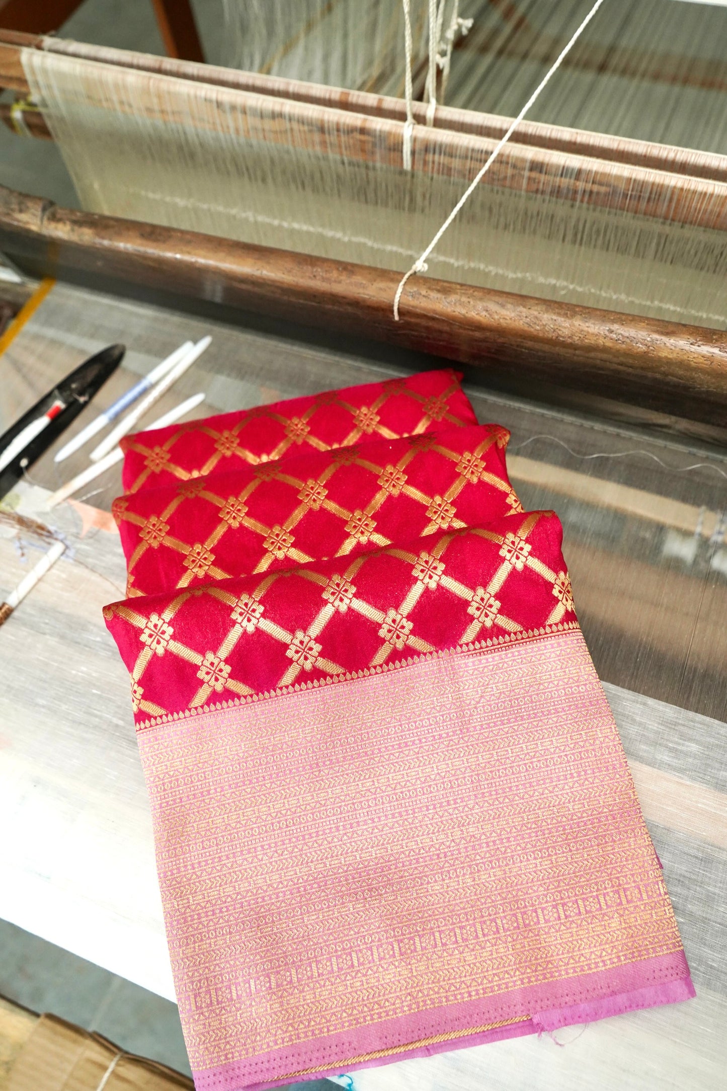 Rani Pink Banarasi Silk Saree with Allover Jangla Weave