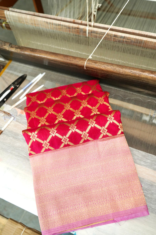 Rani Pink Banarasi Silk Saree with Allover Jangla Weave