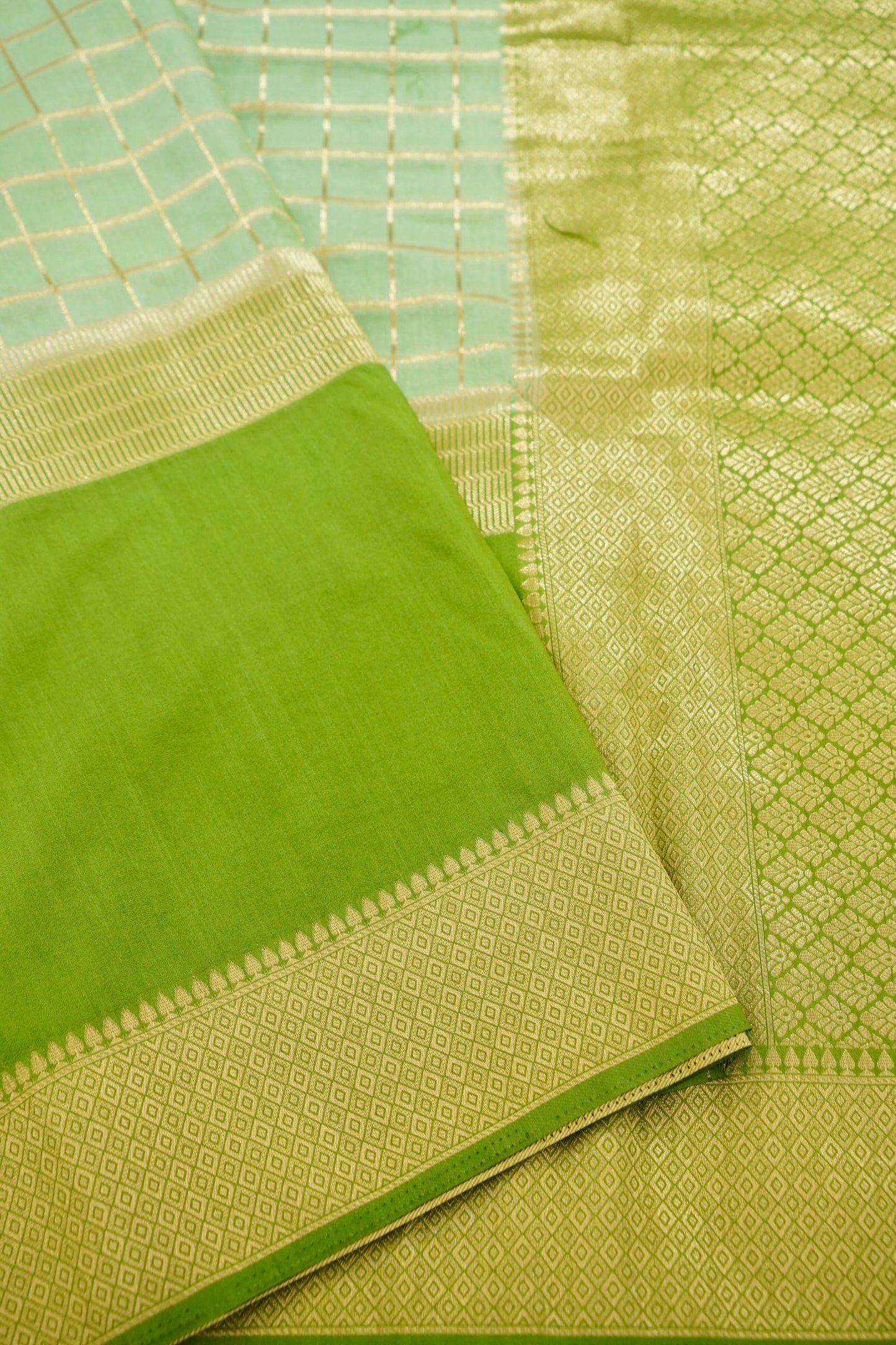 Lime Green Banarasi Silk Saree with Golden Zari Check Weave