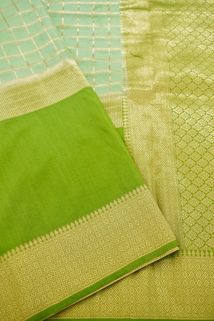 Lime Green Banarasi Silk Saree with Golden Zari Check Weave