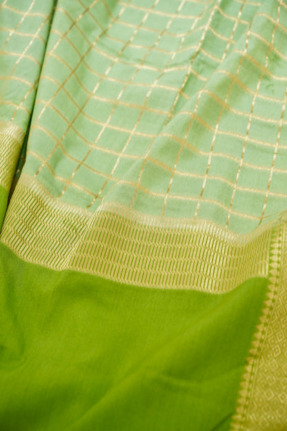 Lime Green Banarasi Silk Saree with Golden Zari Check Weave