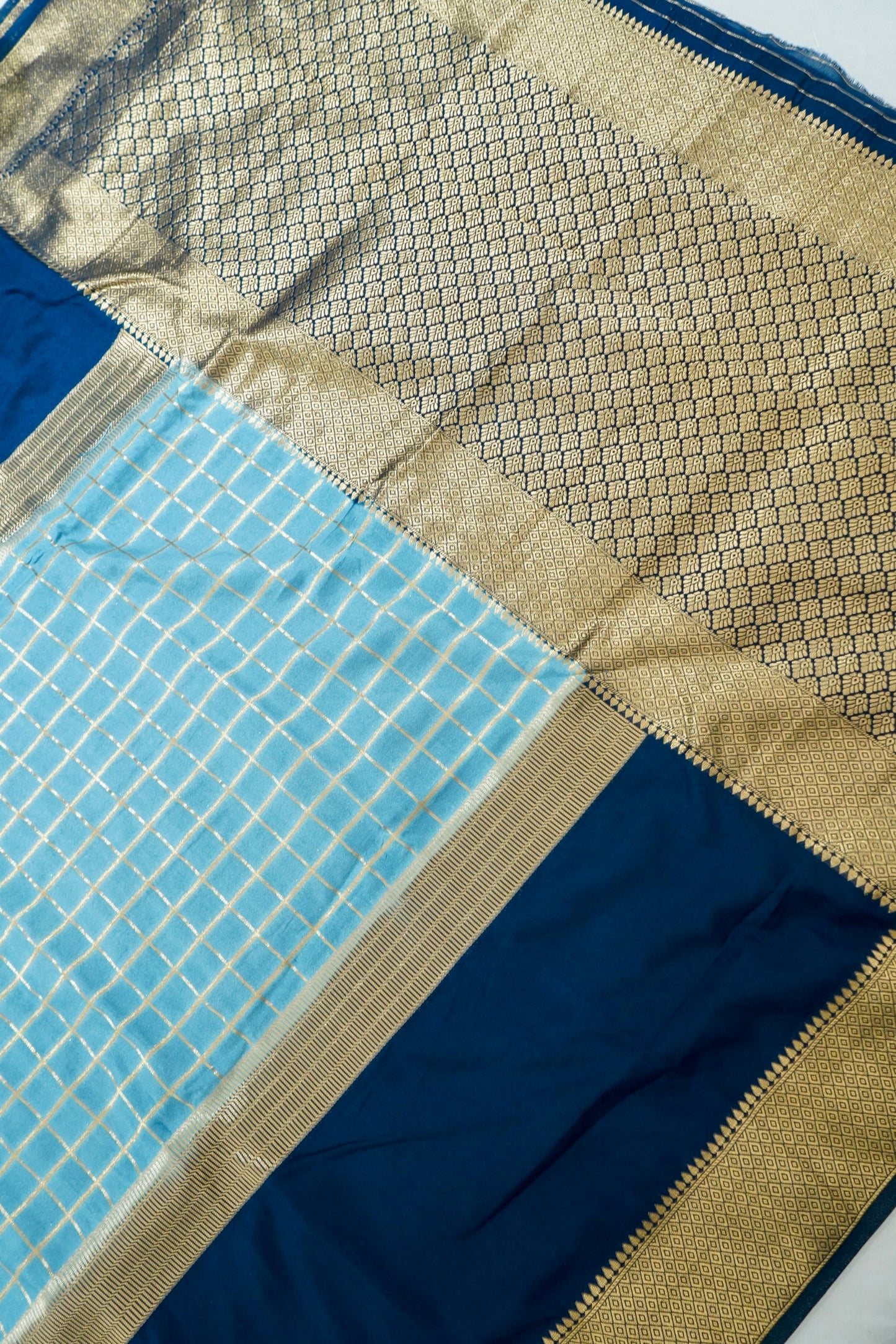 Navy Blue Banarasi Silk Saree with Golden Zari Check Weave