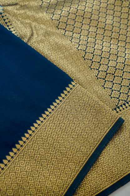 Navy Blue Banarasi Silk Saree with Golden Zari Check Weave