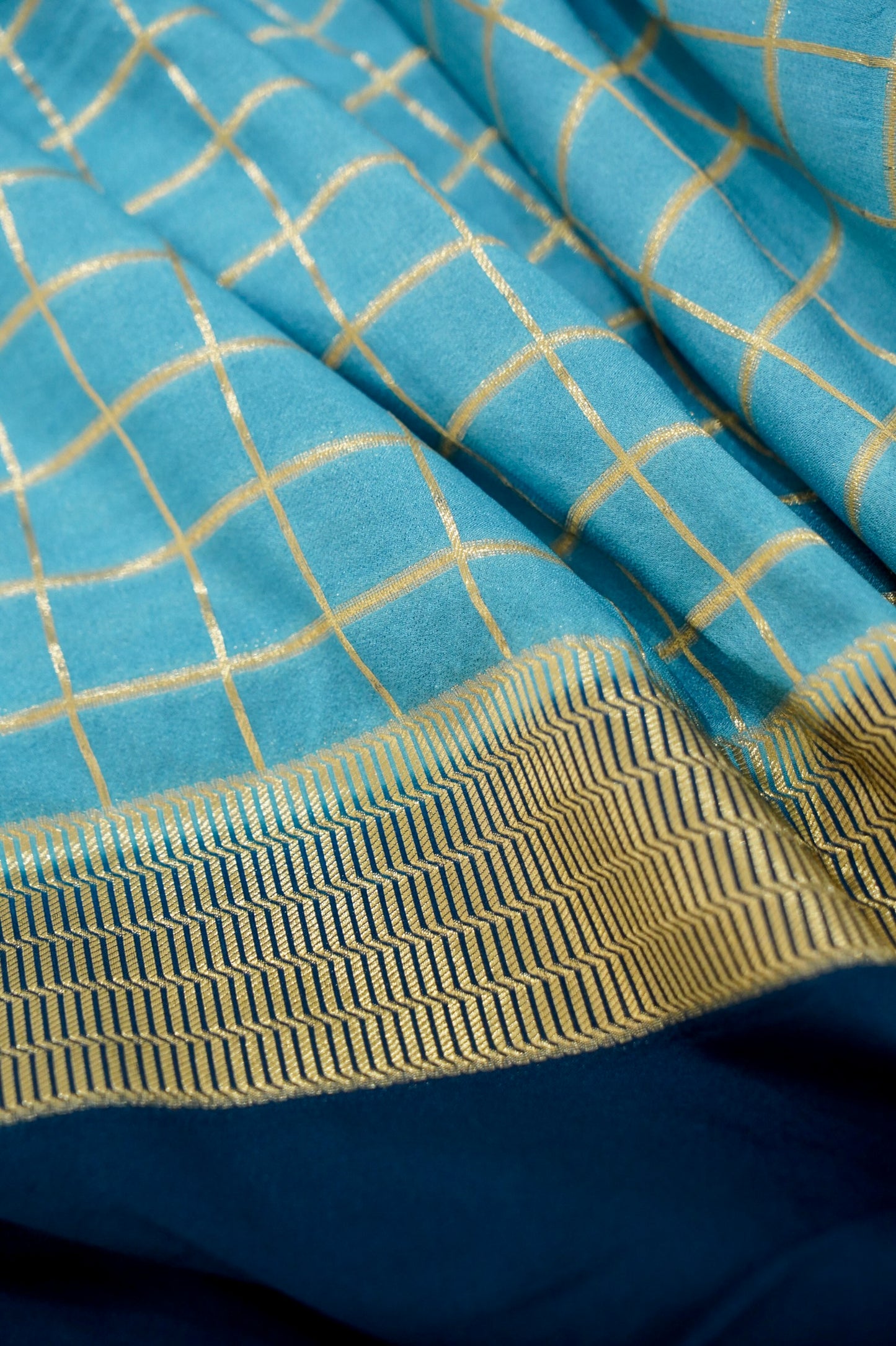 Navy Blue Banarasi Silk Saree with Golden Zari Check Weave