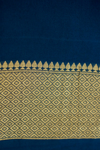 Navy Blue Banarasi Silk Saree with Golden Zari Check Weave