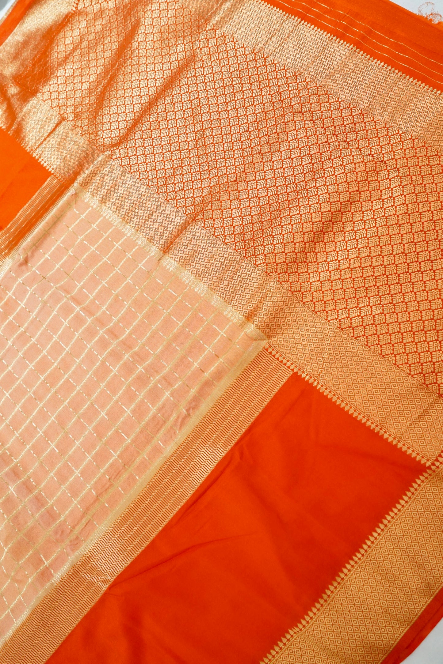 Orange Banarasi Silk Saree with Golden Zari Check Weave