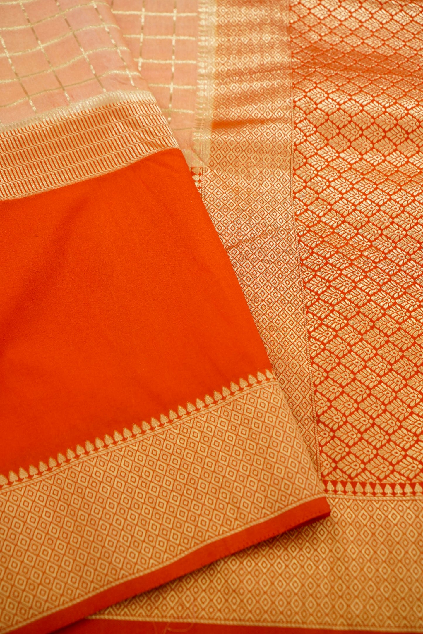 Orange Banarasi Silk Saree with Golden Zari Check Weave