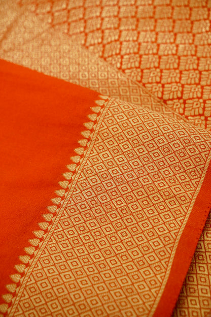 Orange Banarasi Silk Saree with Golden Zari Check Weave