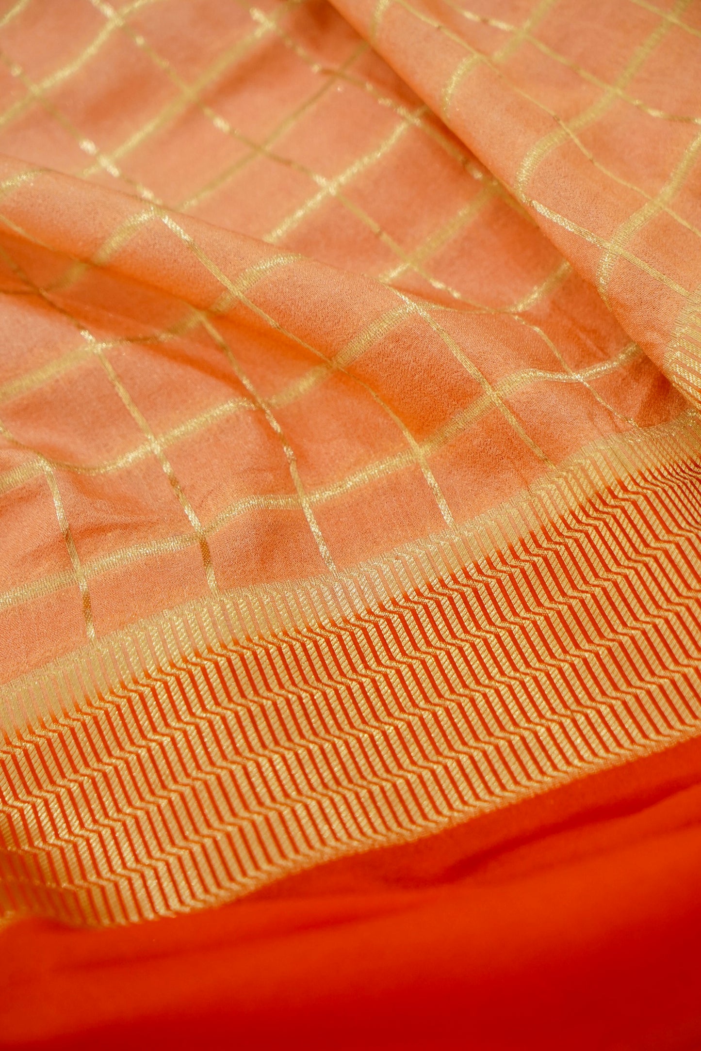Orange Banarasi Silk Saree with Golden Zari Check Weave