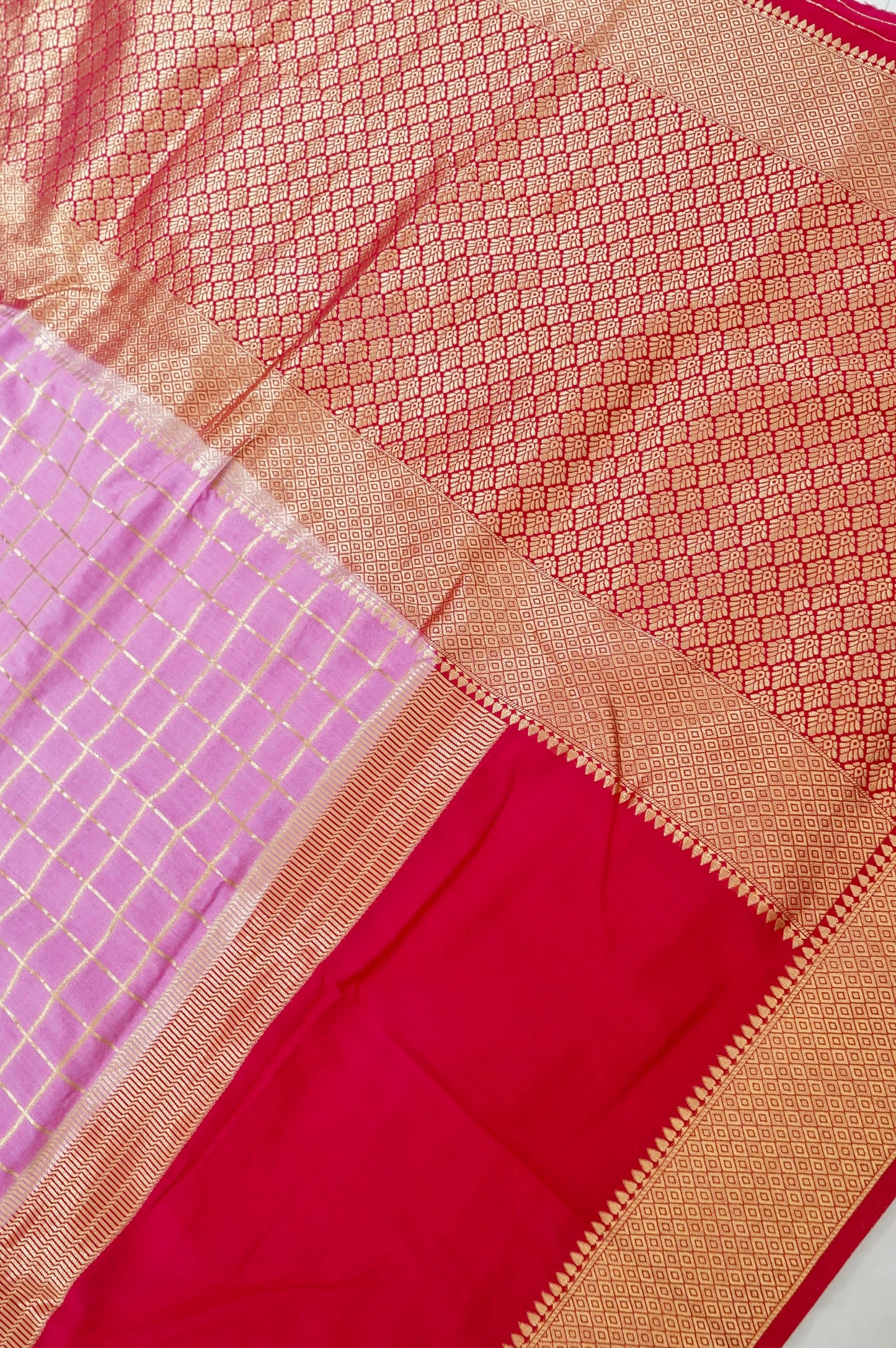 Rani Pink Banarasi Silk Saree with Golden Zari Check Weave