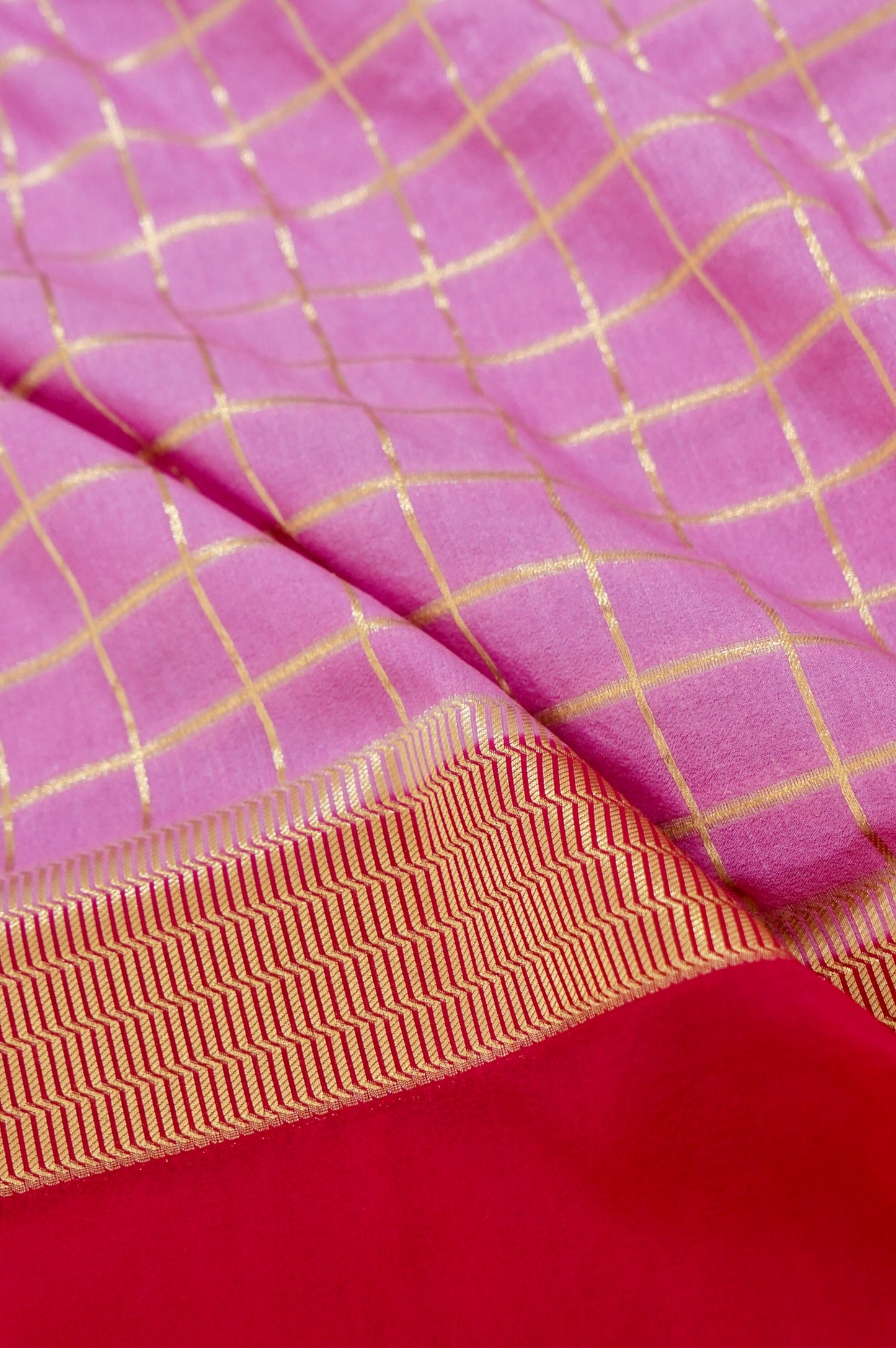 Rani Pink Banarasi Silk Saree with Golden Zari Check Weave