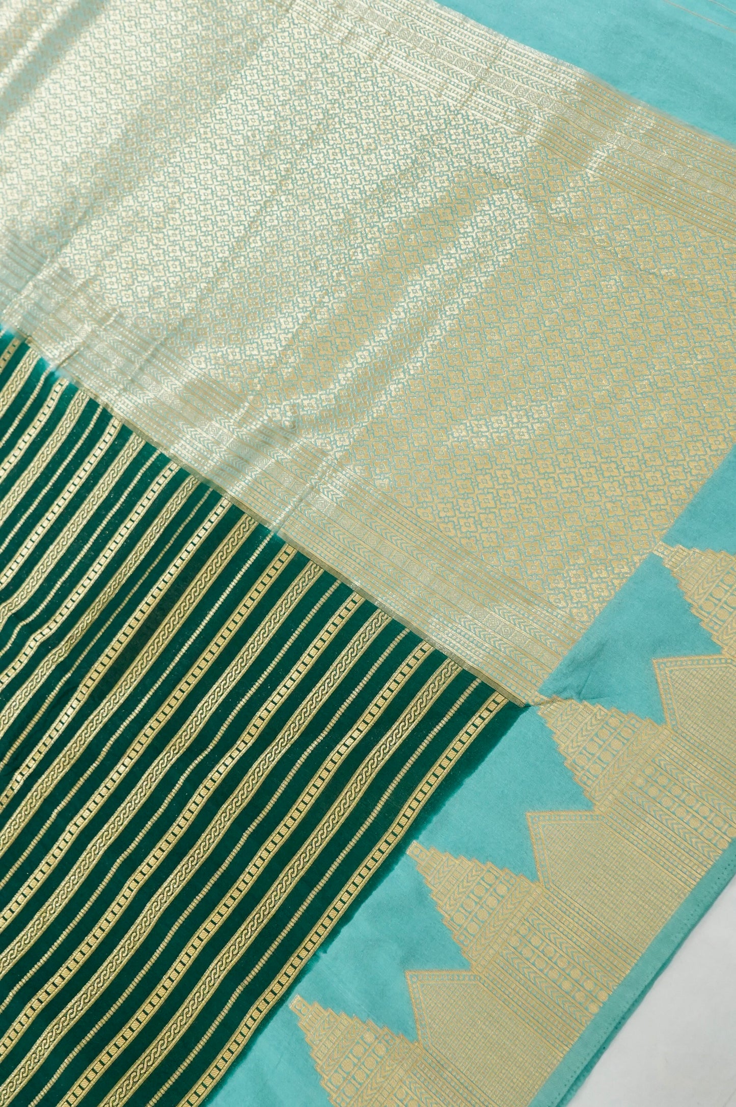 Bottle Green Banarasi Silk Saree with Gold Zari Temple Weave & Sky Blue Border