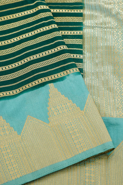 Bottle Green Banarasi Silk Saree with Gold Zari Temple Weave & Sky Blue Border