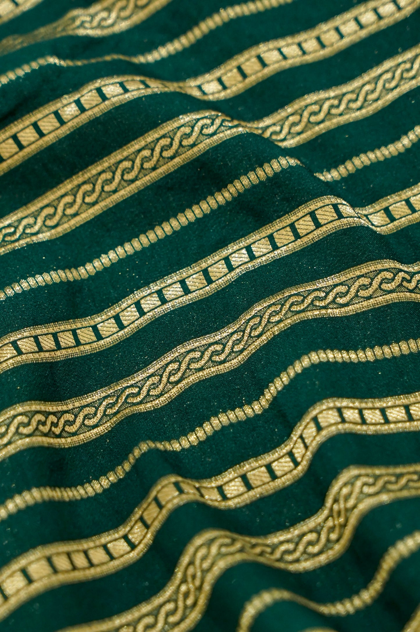 Bottle Green Banarasi Silk Saree with Gold Zari Temple Weave & Sky Blue Border