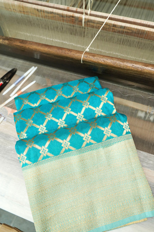 Turquoise Blue Banarasi Silk Saree with Allover Jangla Weave